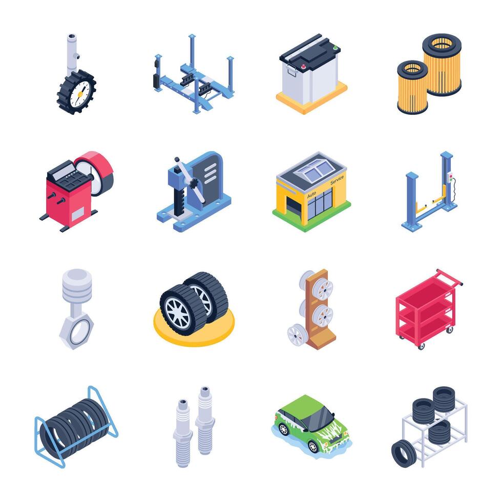 Set of 16 Car Service Isometric Icons vector