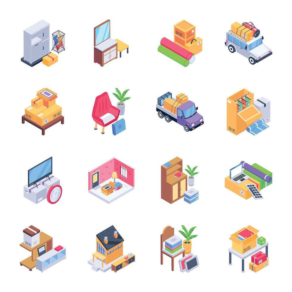 Collection of Packing Up Isometric Style Icons vector