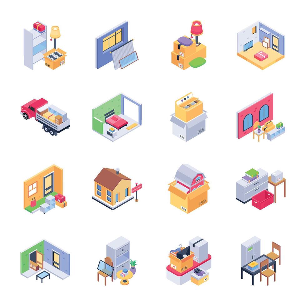 Collection of Moving Out Isometric Style Icons vector