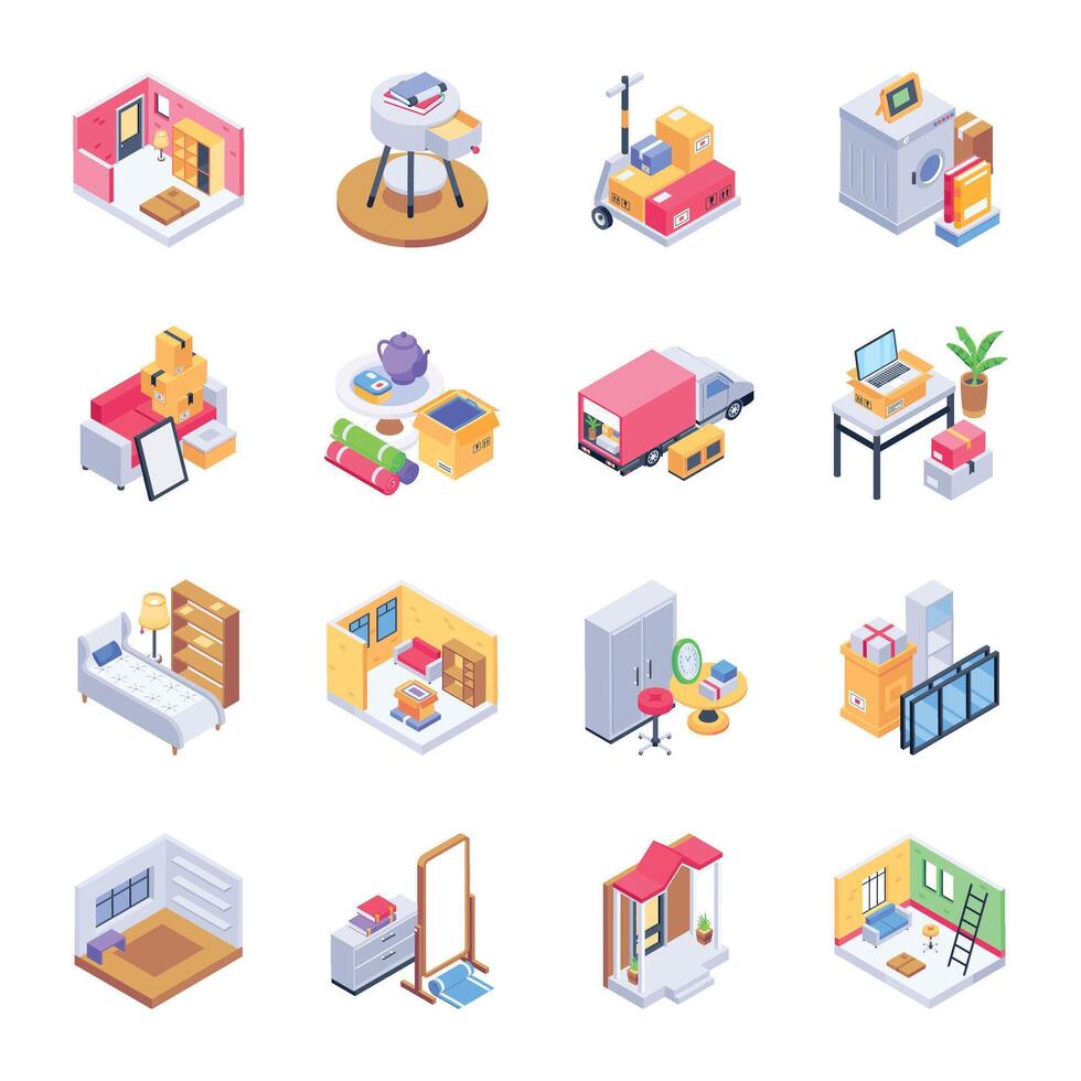 Trendy Isometric Icons of Relocation Service vector