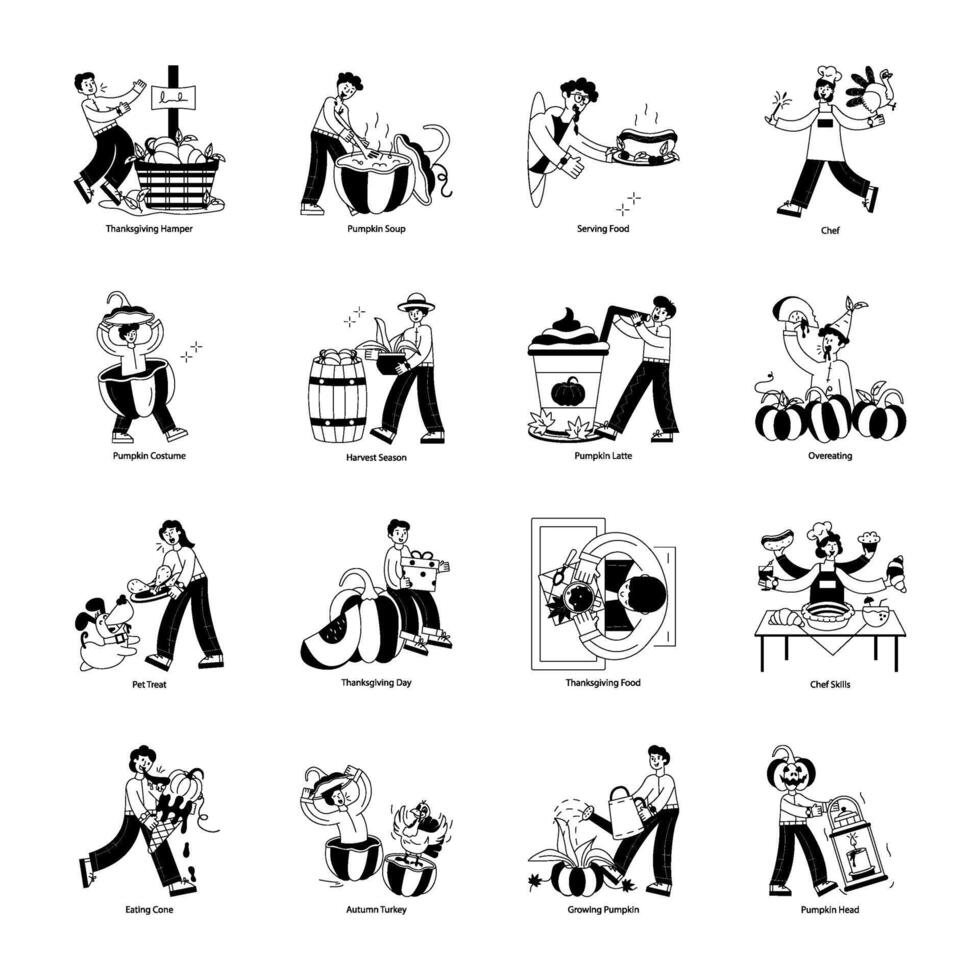 Collection of Harvest Festival Linear Mini Illustrations vector