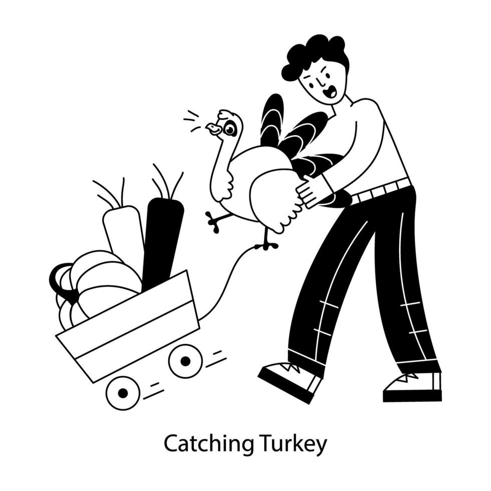 A linear mini illustration depicting catching turkey vector