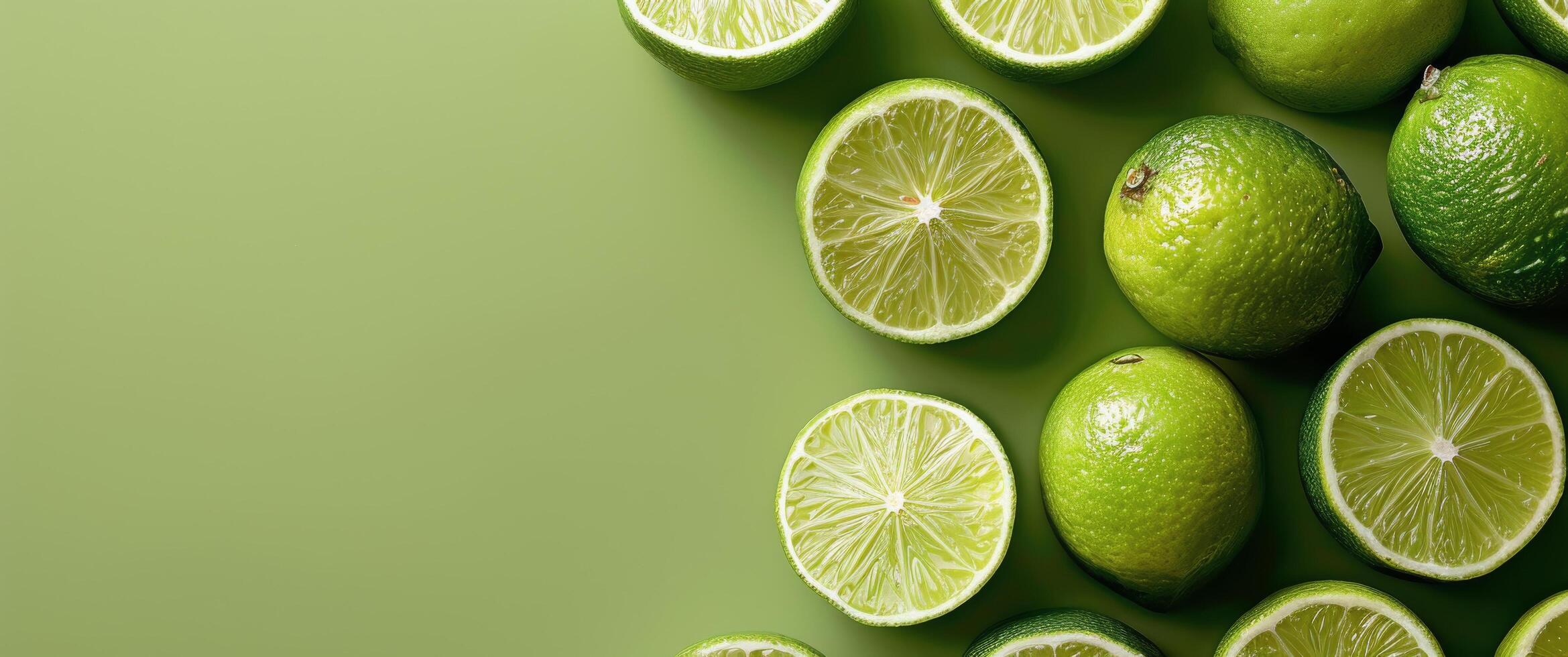 Whole and Sliced Limes Arranged on a Green Background photo