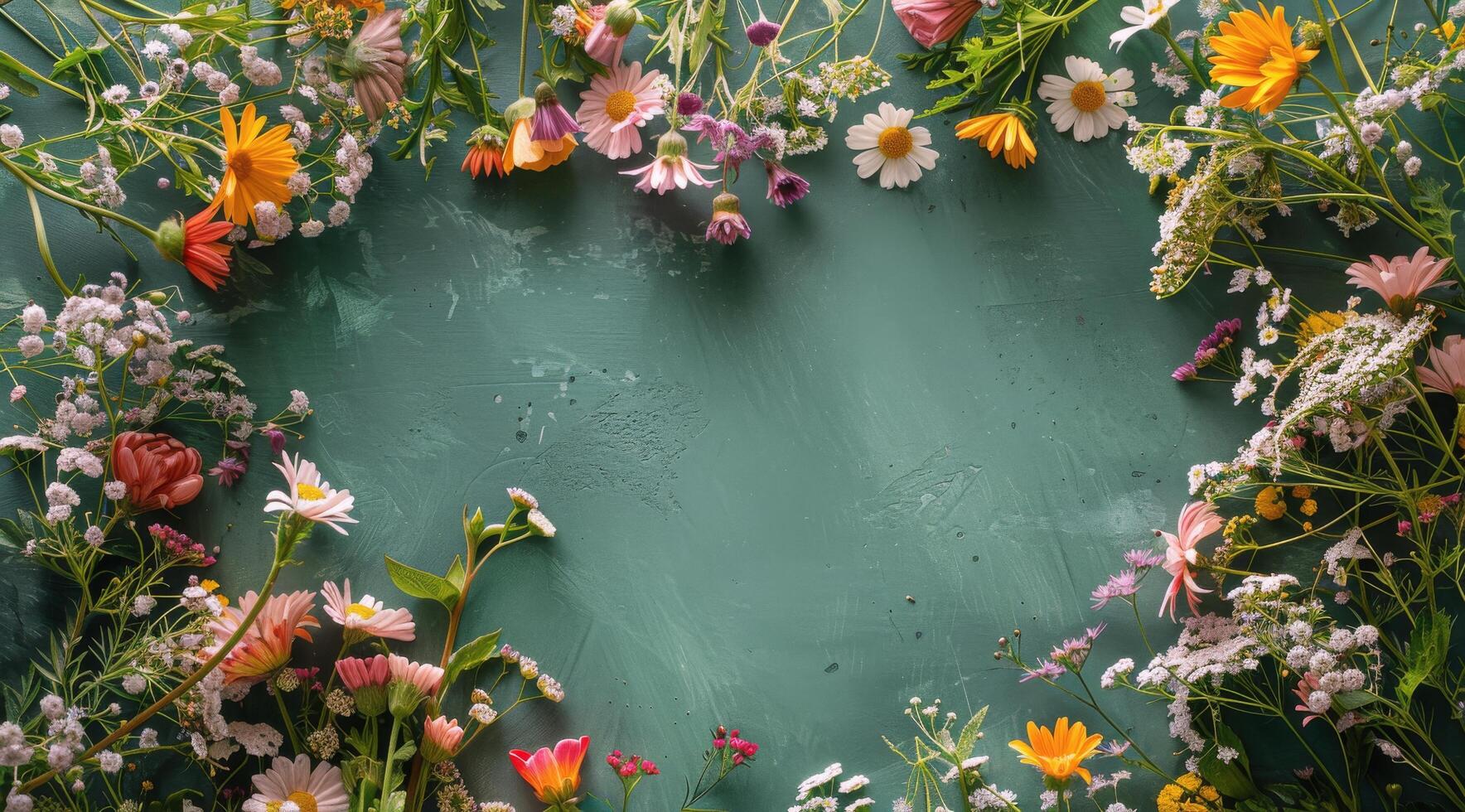 Colorful Wildflowers Arranged in a Heart Shape on a Green Background photo