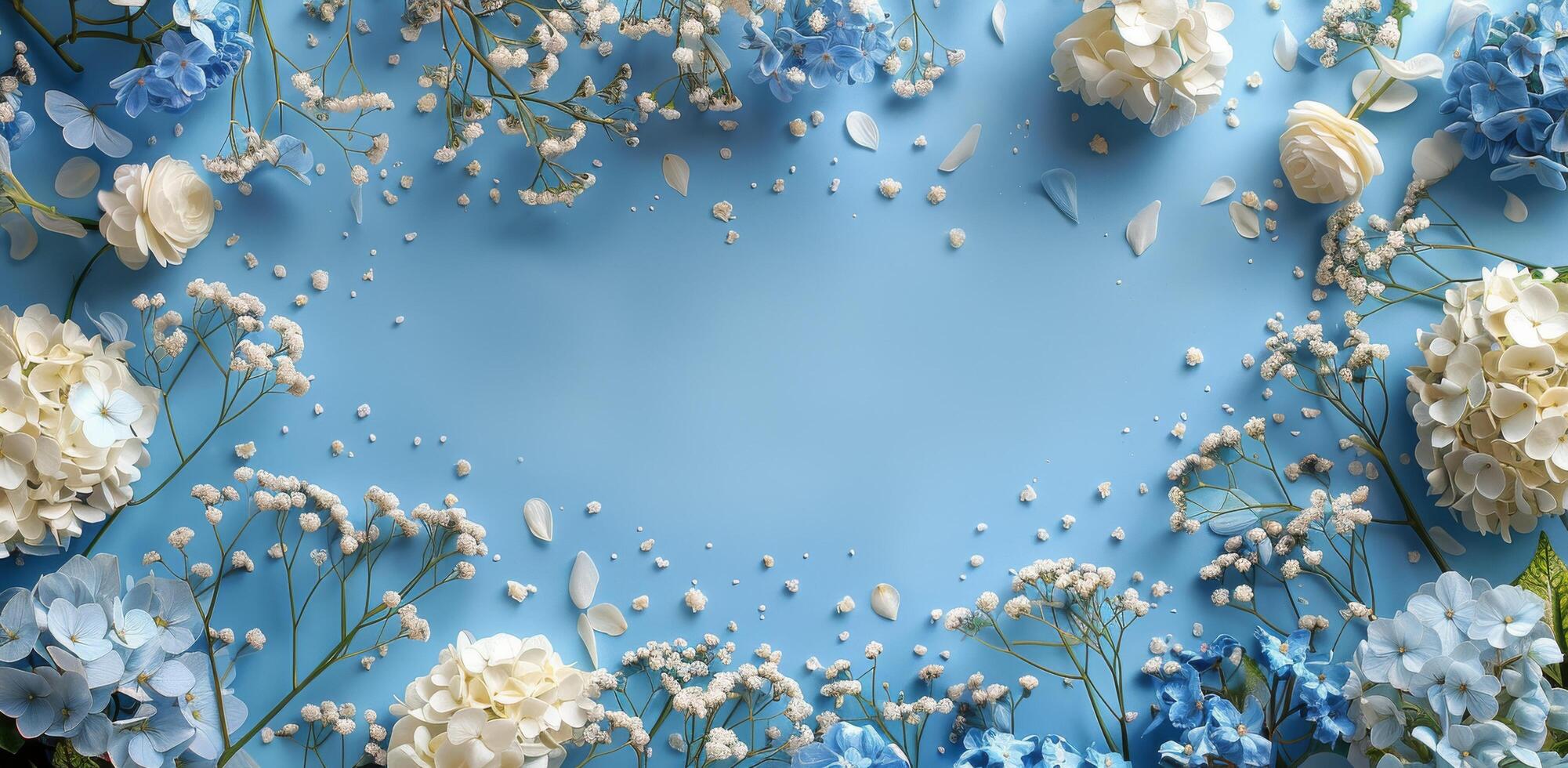 Blue Hydrangeas and Delicate White Flowers Frame a Light Blue Background photo