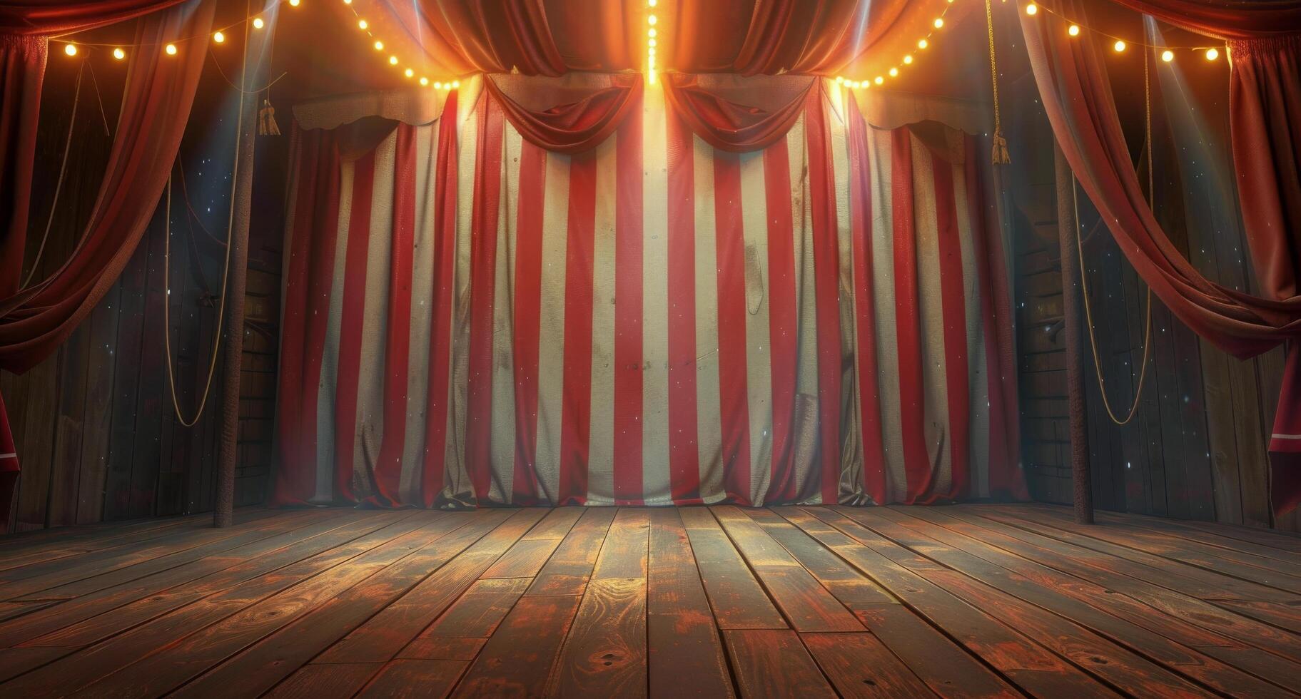 Illuminated Stage With Red and Blue Curtains Underneath String Lights photo