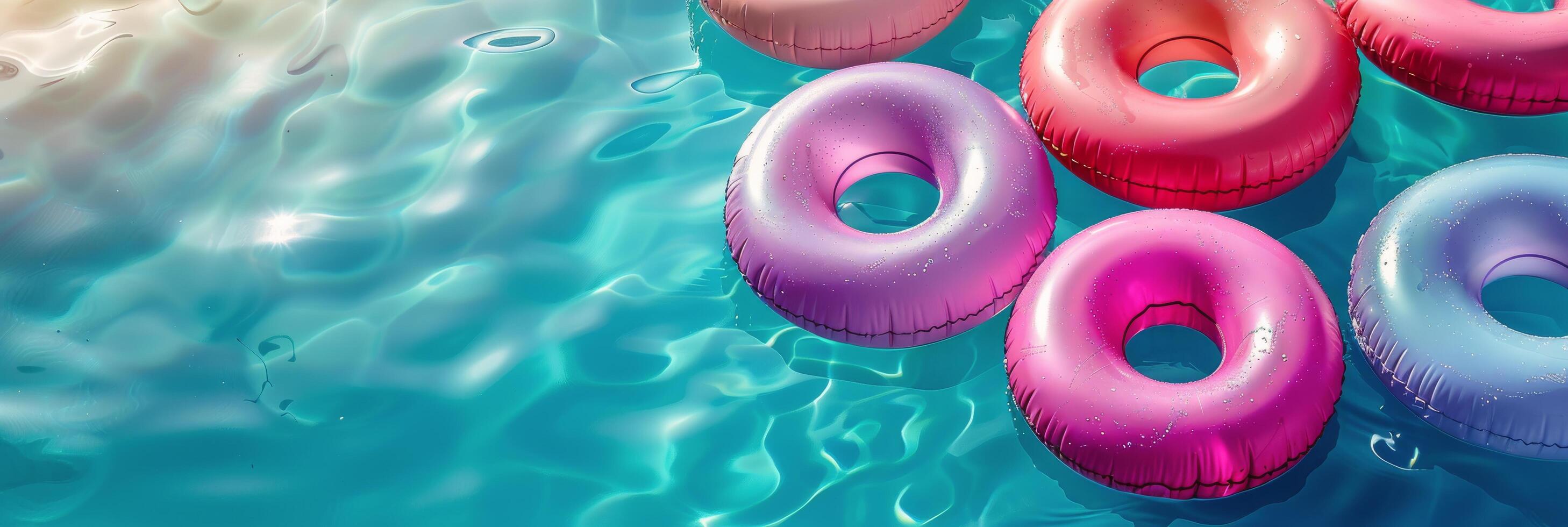 Colorful Inflatable Pool Floats Floating In a Sparkling Pool on a Sunny Day photo