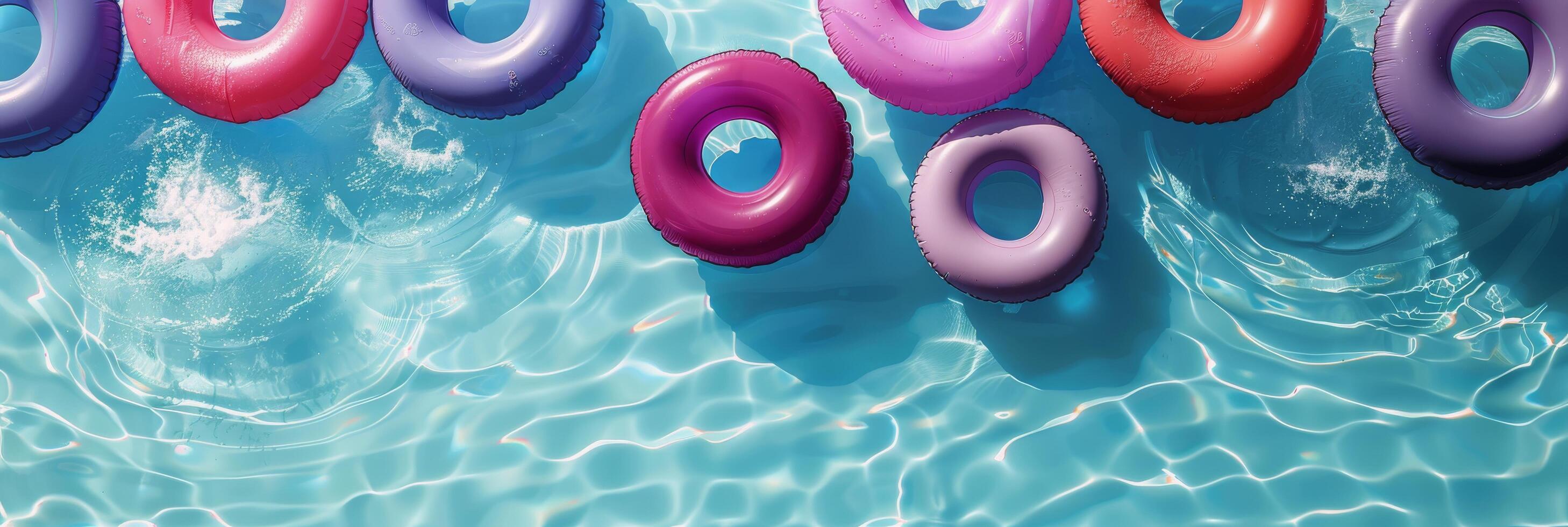 Colorful Inflatable Pool Floats Floating In a Sparkling Pool on a Sunny Day photo