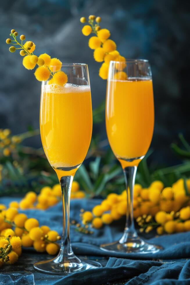 Two Glasses of Mimosa With Mimosa Flowers on a Blue Tablecloth photo