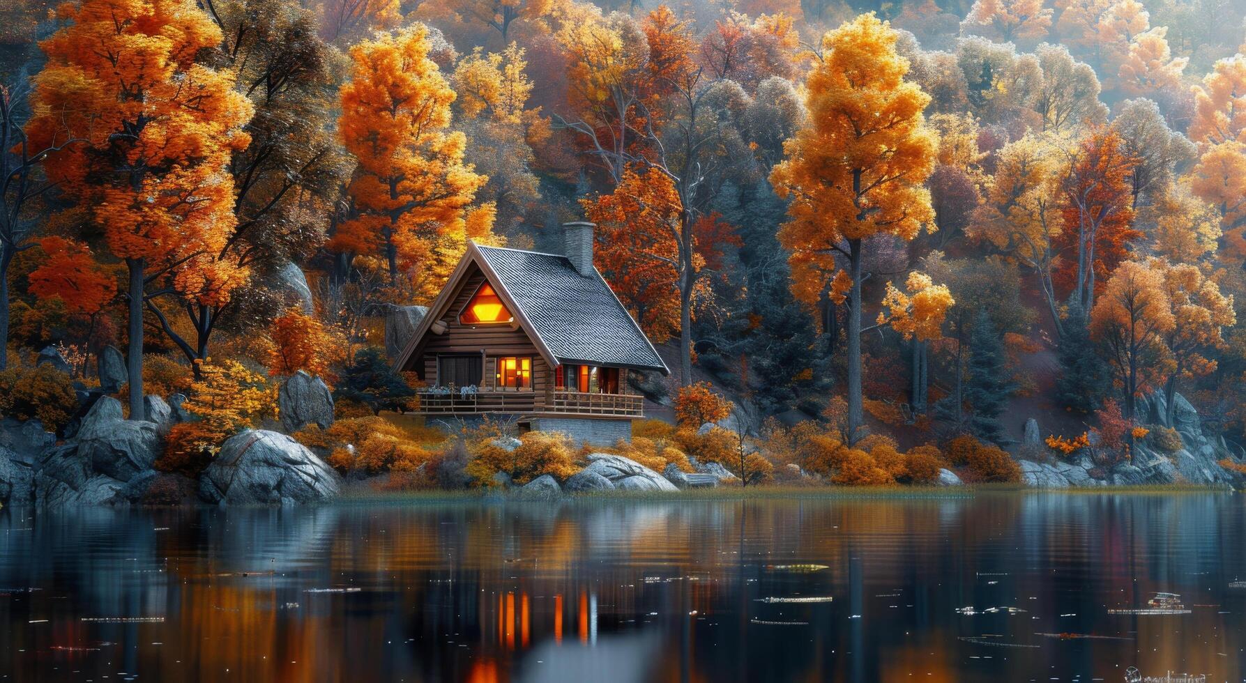 Autumnal Log Cabin Reflecting on Serene Lake photo