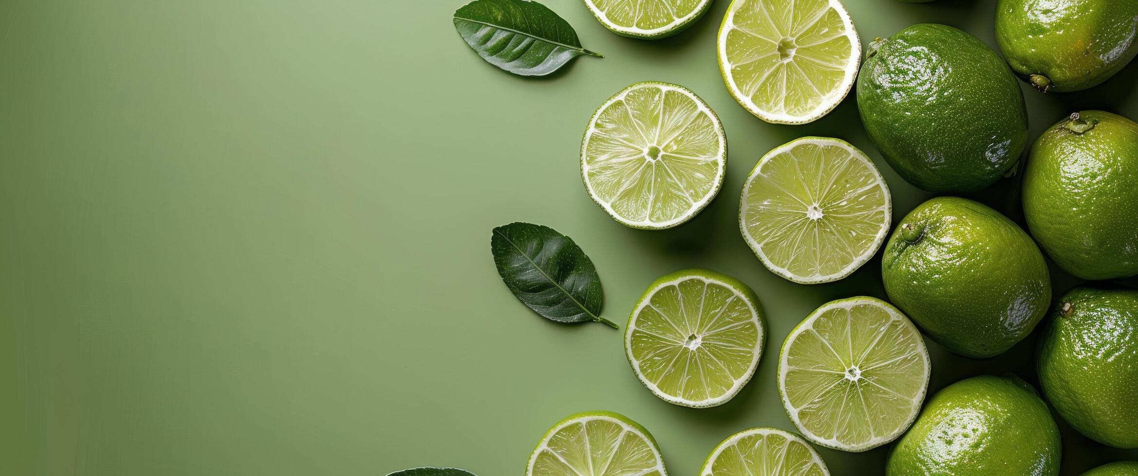 Whole and Sliced Limes Arranged on a Green Background photo