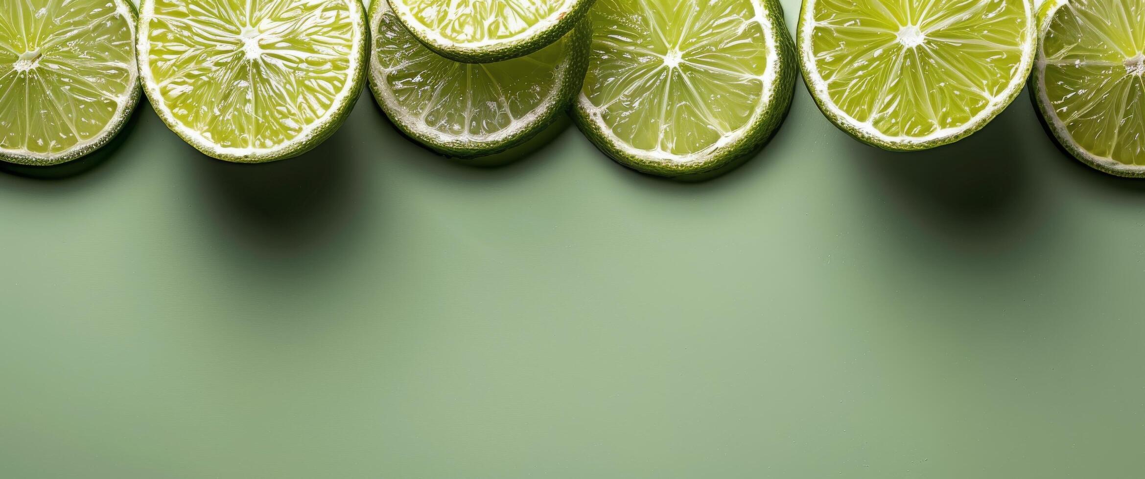 Whole and Sliced Limes Arranged on a Green Background photo