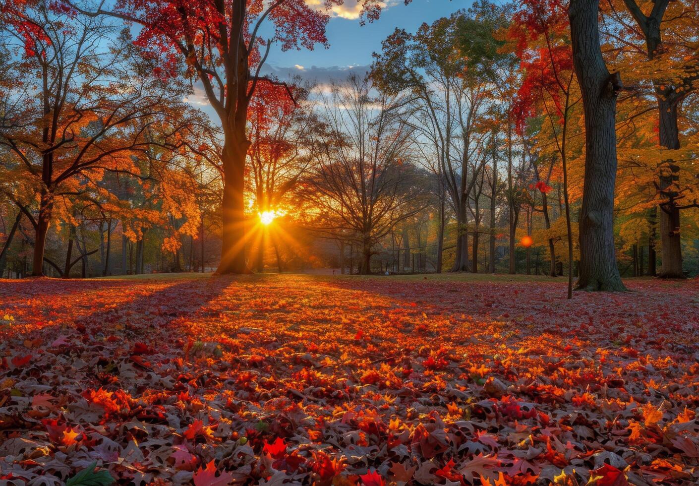 Sunlit Autumn Forest Path With Red and Yellow Leaves photo