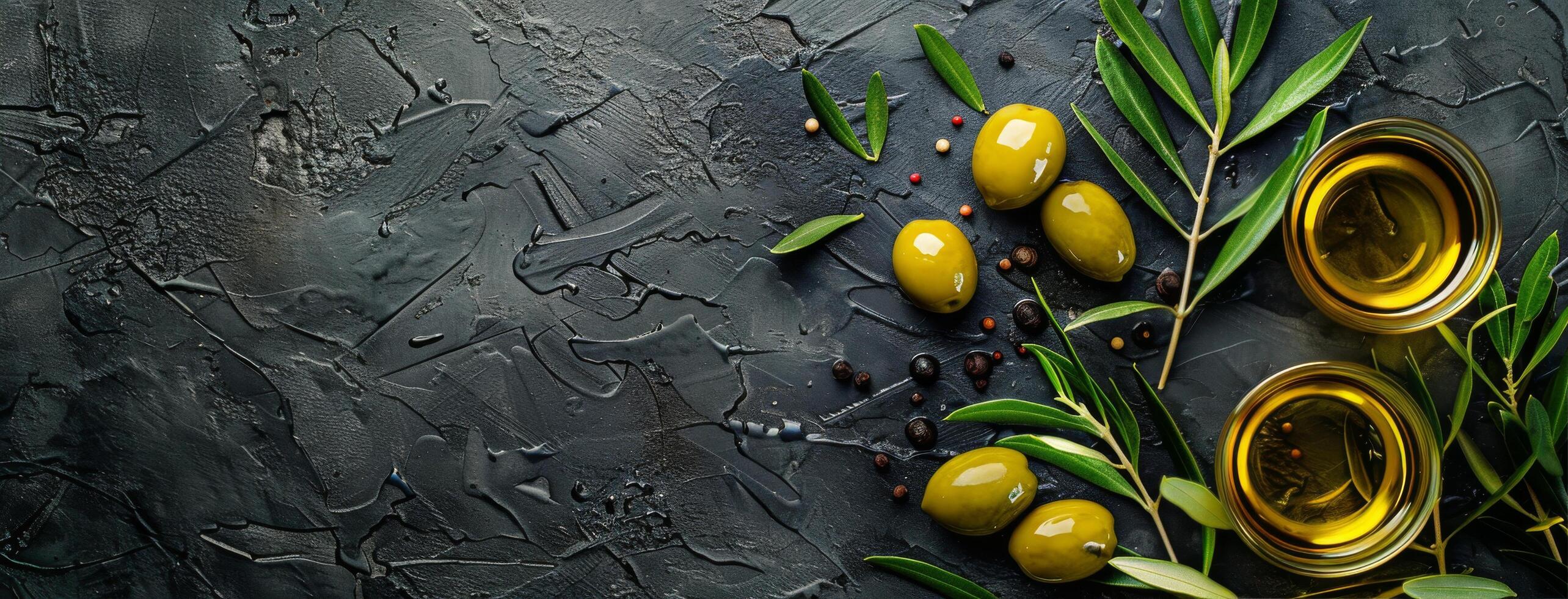 Fresh Green Olives and Sprigs on Dark Background photo