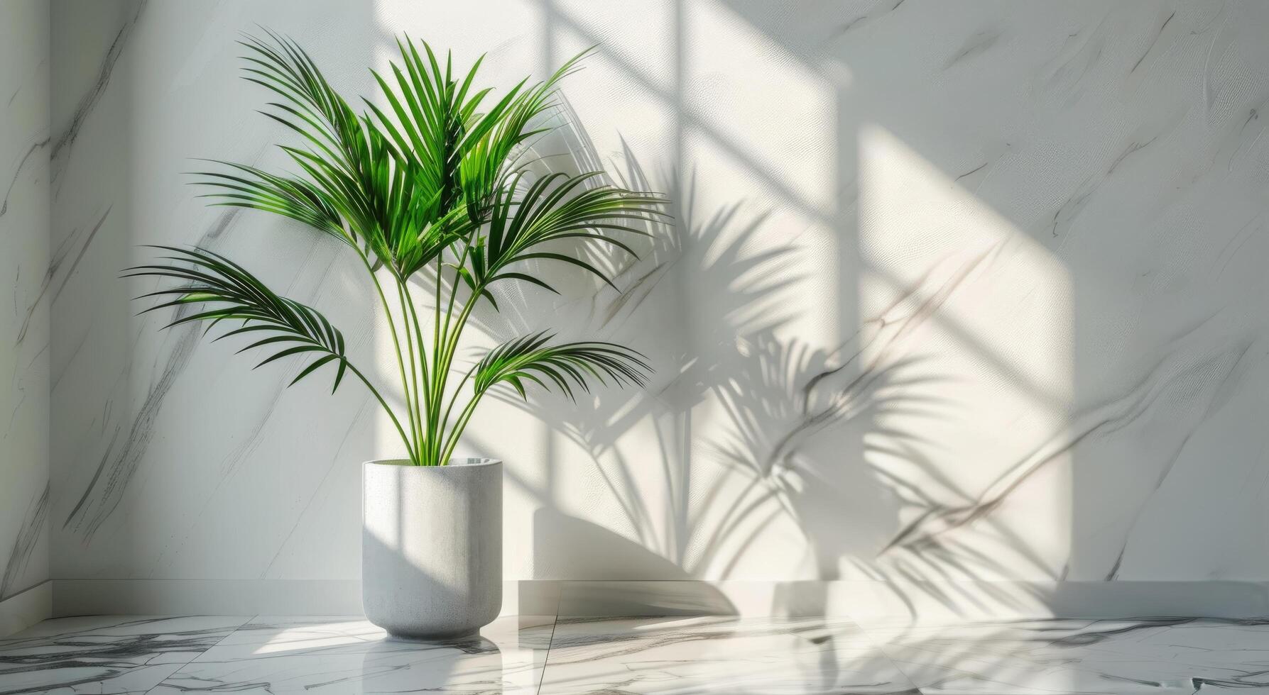 A Single Palm Tree Stands in a Sunlit Room With a White Wall photo