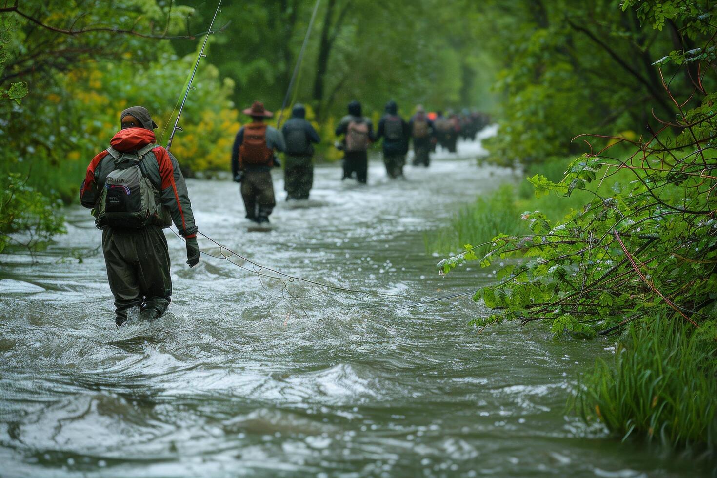 Fishermen Wading Through a Lush Forest Stream in the Rain photo