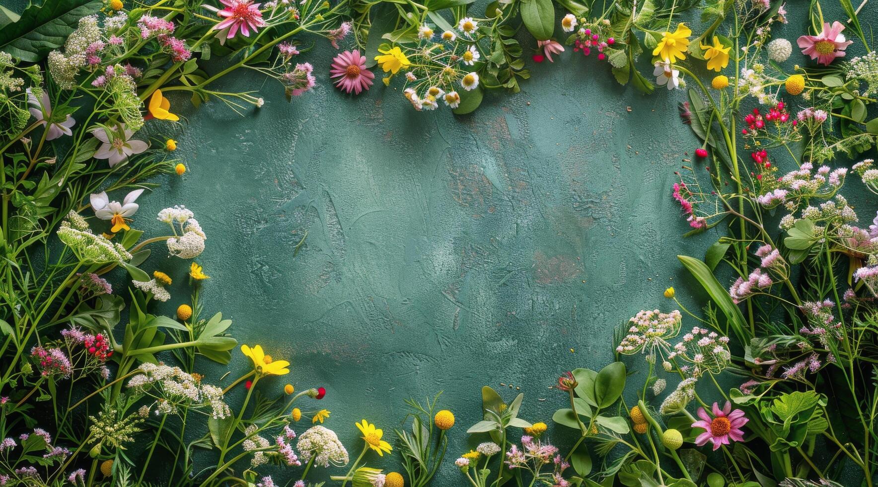 Colorful Wildflowers Arranged in a Heart Shape on a Green Background photo