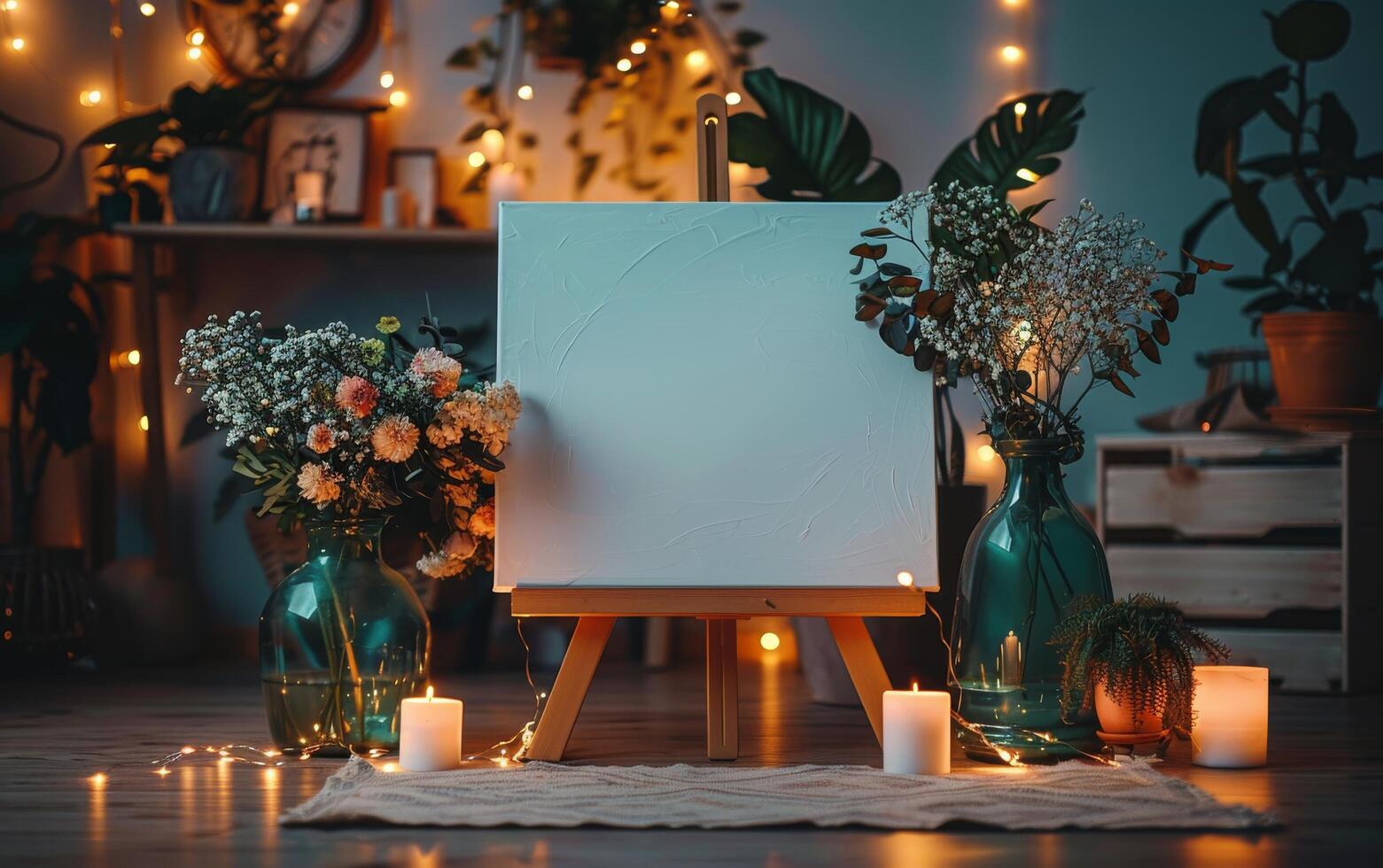 Blank Canvas With Candles and Flowers in a Window-Lit Room photo