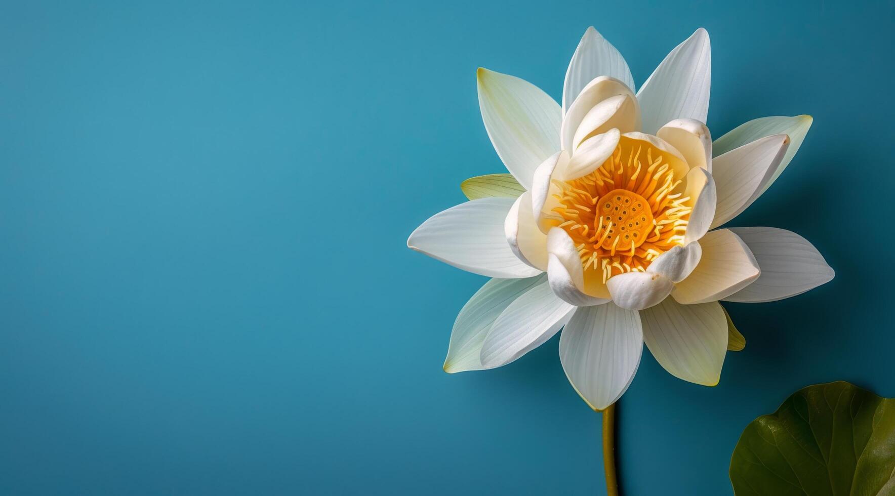 Single White Water Lily Flower Blooming on Blue Water Surface photo