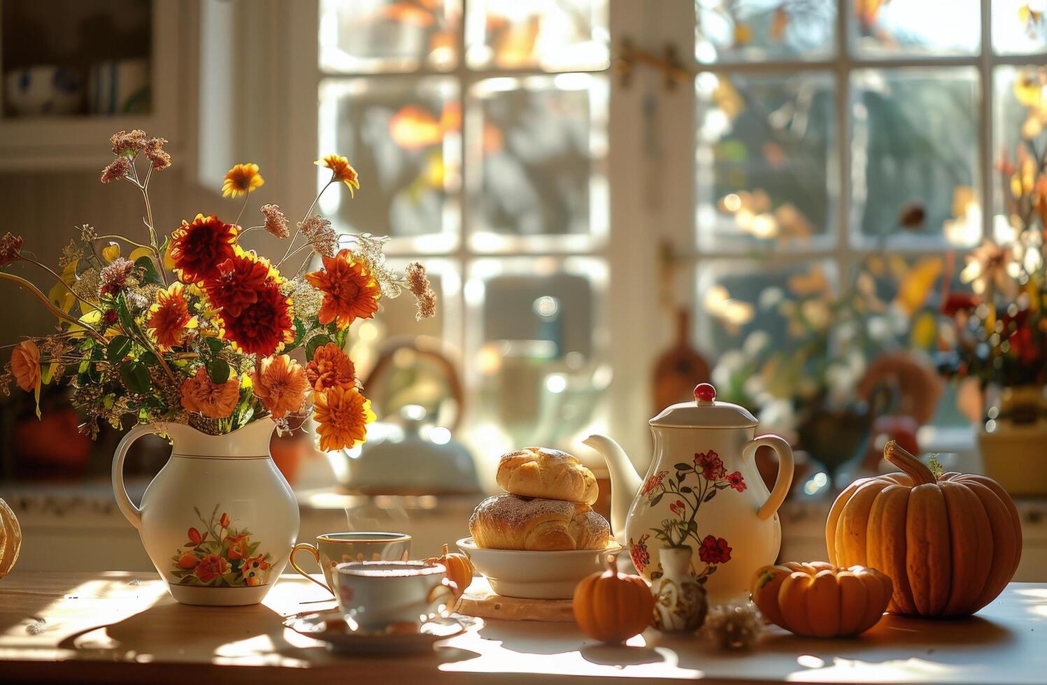 Autumnal Still Life With Pumpkins, Teapot, and Flowers on a Windowsill photo