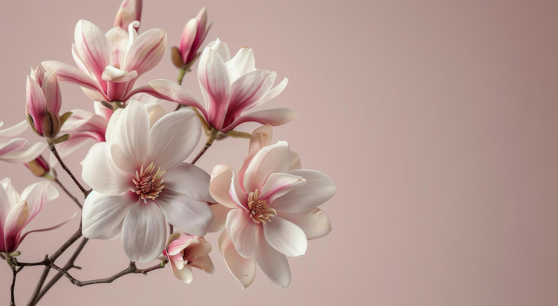 Close Up of Delicate Pink Magnolia Blossoms on a Branch Against a Light Pink Background photo