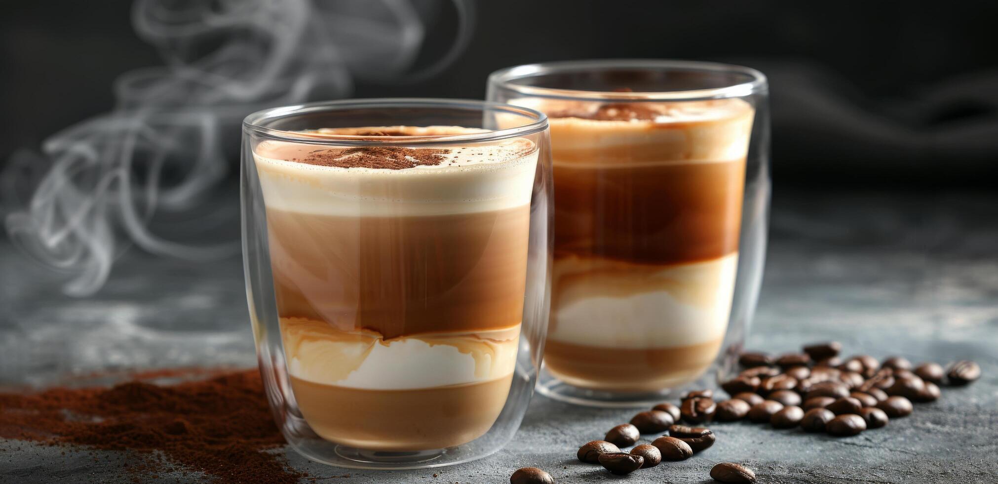 Two Steaming Cups of Coffee With Whipped Cream on a Dark Countertop photo