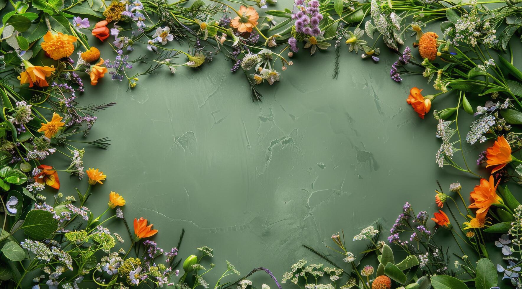 Colorful Wildflowers Arranged in a Heart Shape on a Green Background photo