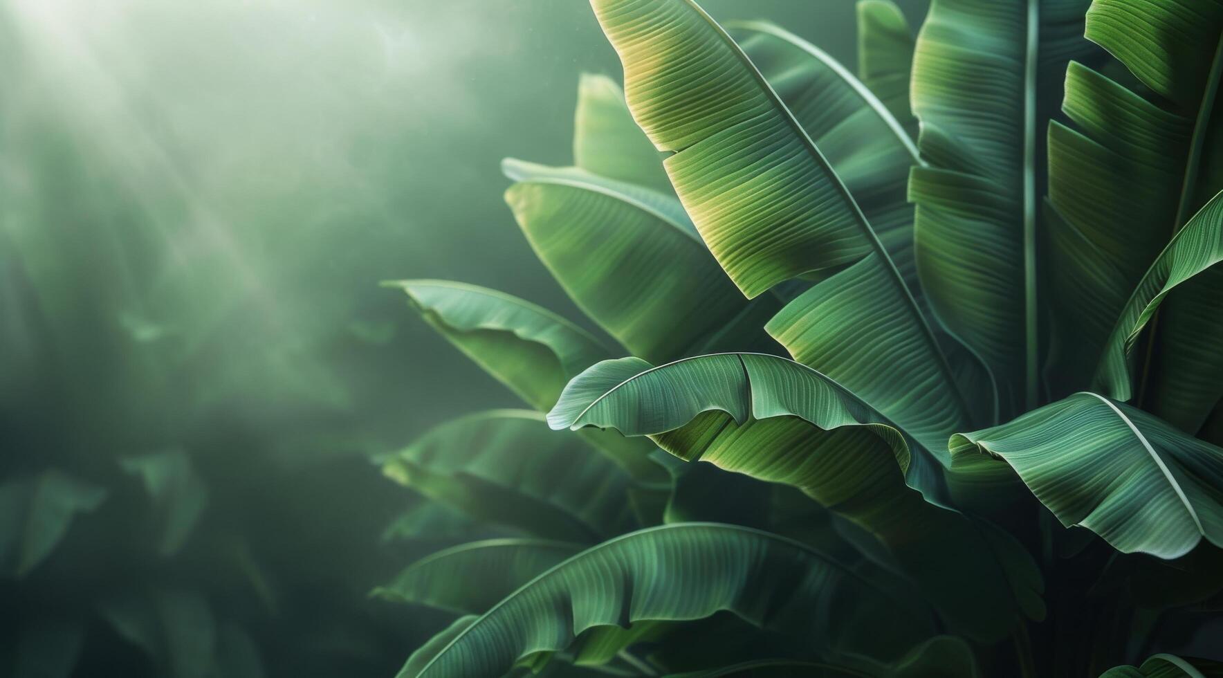 Lush Green Banana Leaves Illuminated By Sunlight in Tropical Forest photo