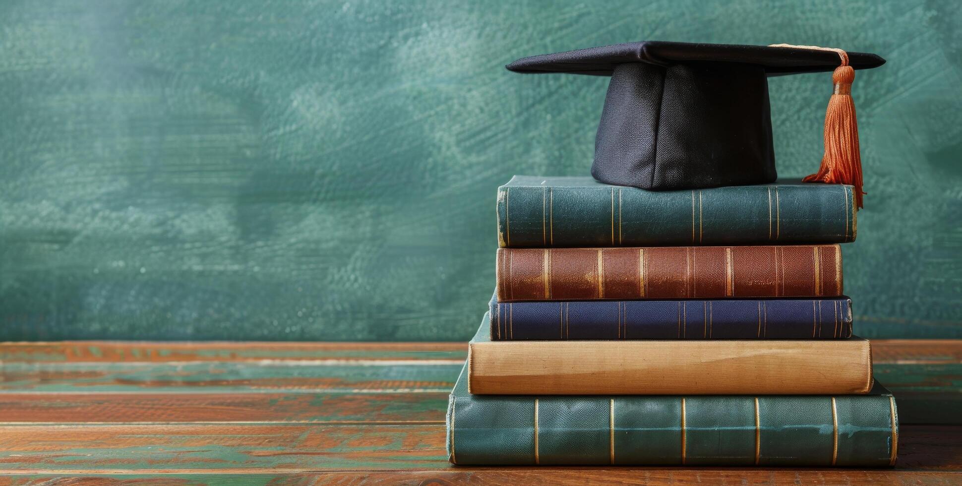 Graduation Cap Resting on Stack of Books Against Green Background photo