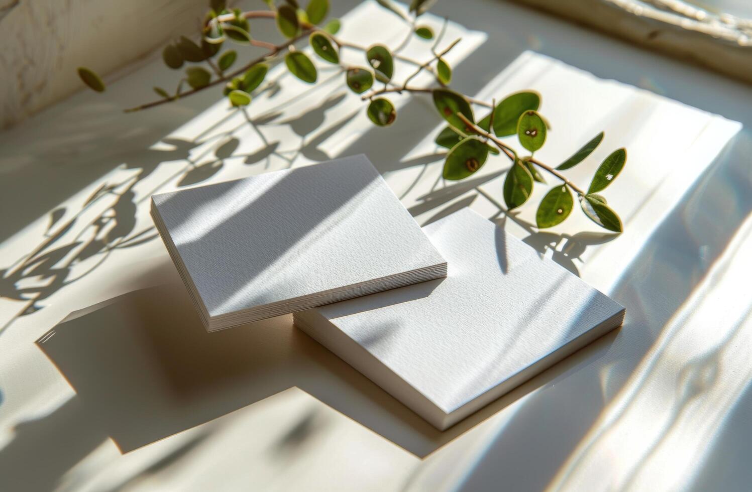 White Square Boards With Green Plant and Sunlight Shadows photo