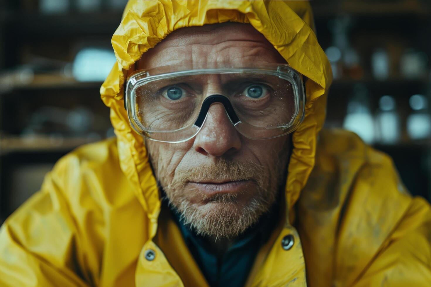 Close Up Portrait of a Man Wearing a Yellow Raincoat and Safety Glasses photo