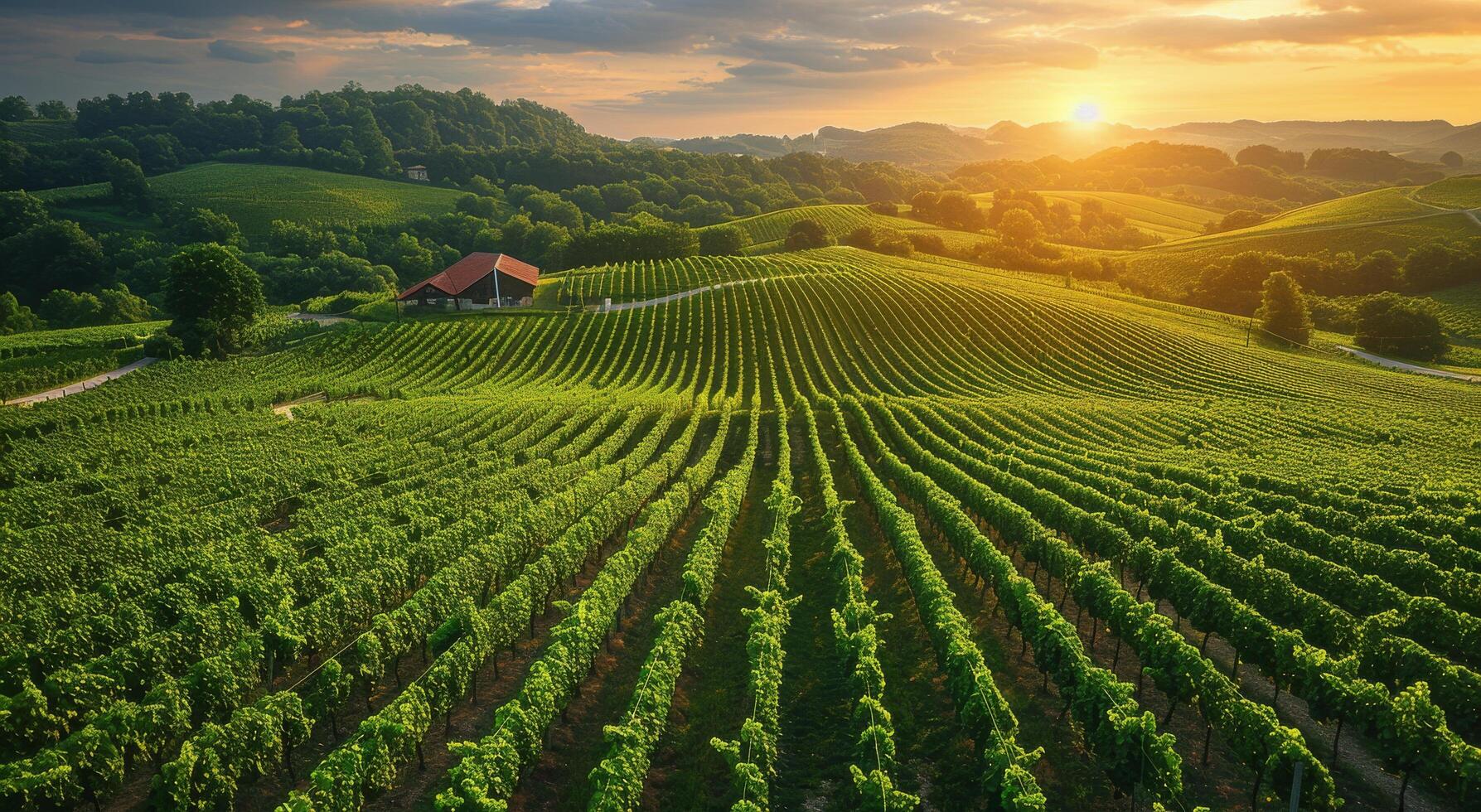 Green Vineyard Rows At Sunset In A Rural Landscape photo