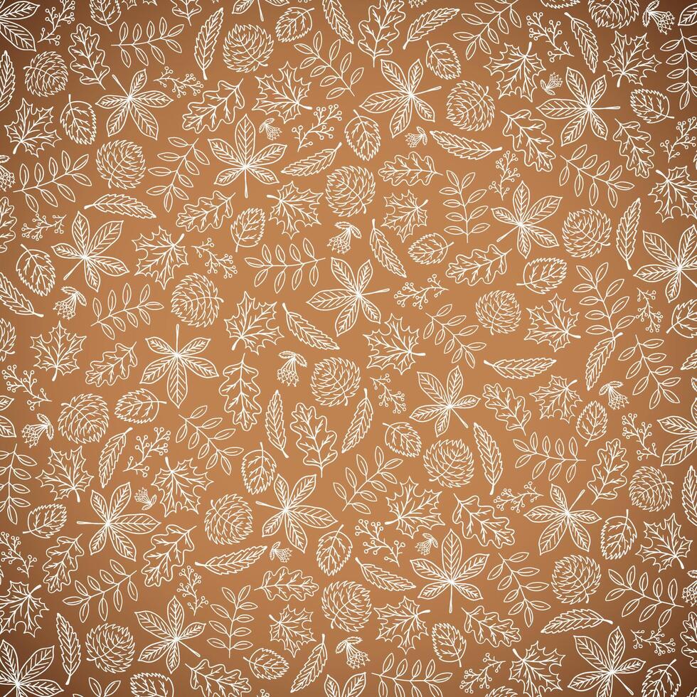 Autumn Illustration with Falling Leaves Pattern on Brown Background. Autumnal Design with Hand Drawn Doodles for Greeting Card, Banner, Flyer, Invitation, Brochure or Promotional Poster. vector