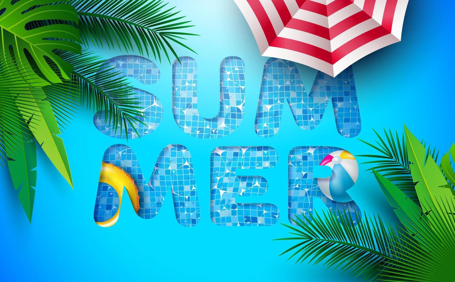 Summer Banner Design with Swimbelt, Sunshade and Beach Ball on Water in the Tiled Pool Lettering on Blue Background. Summer Holiday Illustration with Exotic Palm Leaves for Banner, Flyer vector