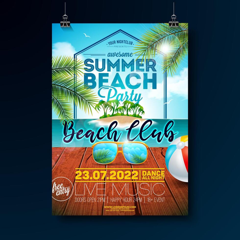 Summer Beach Party Flyer Design with Sunglasses and Beach Ball on Ocean Landscape with Tropical Island Background. Summer Holiday Illustration with Exotic Palm Leaves and Typography Letter for vector