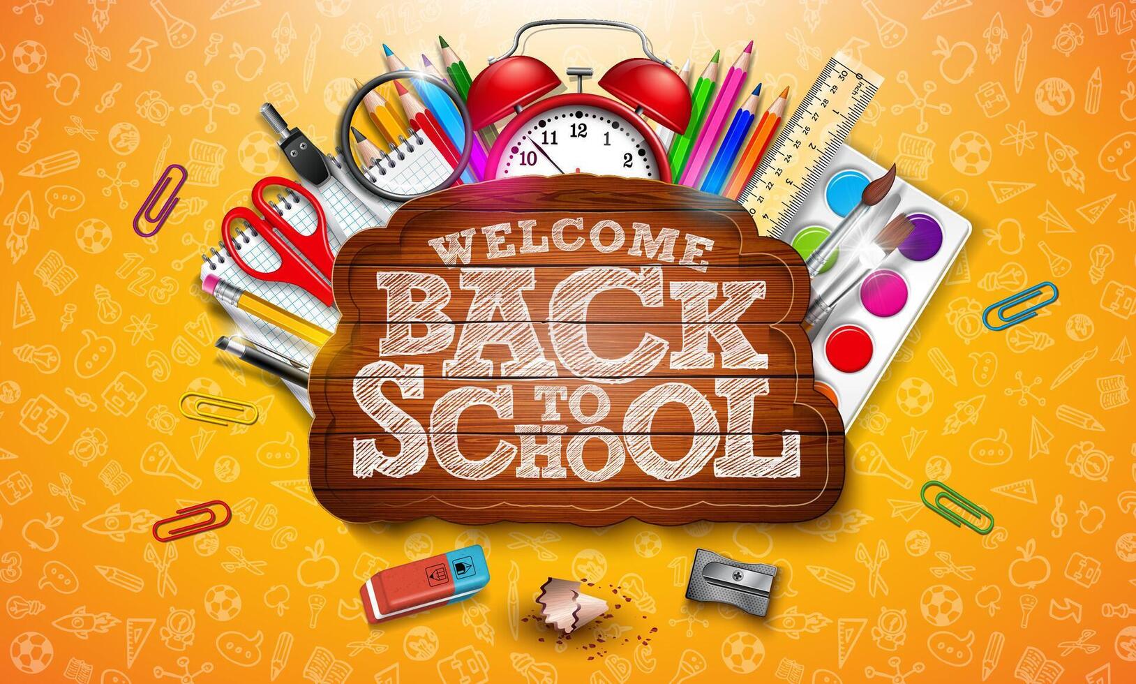 Back to School Design with Alarm Clock, Pencil, Brush, Scissors and Typography Letter in Vintage Wood Billboard on Yellow Background. Illustration for Special Offer, Coupon, Voucher, Banner vector