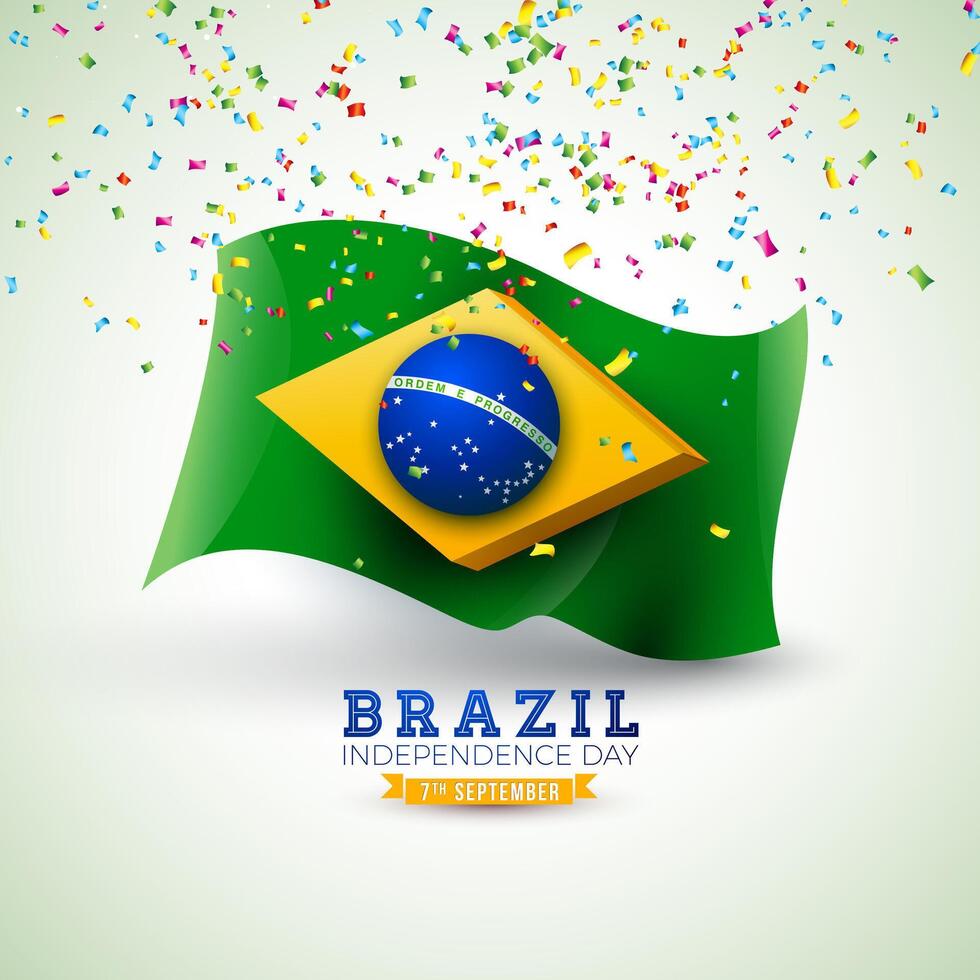 Brazil Independence Day Illustration with Flag and Falling Confetti on Light Background. 7 September National Celebration Design for Banner, Greeting Card, Invitation or Holiday Poster. vector