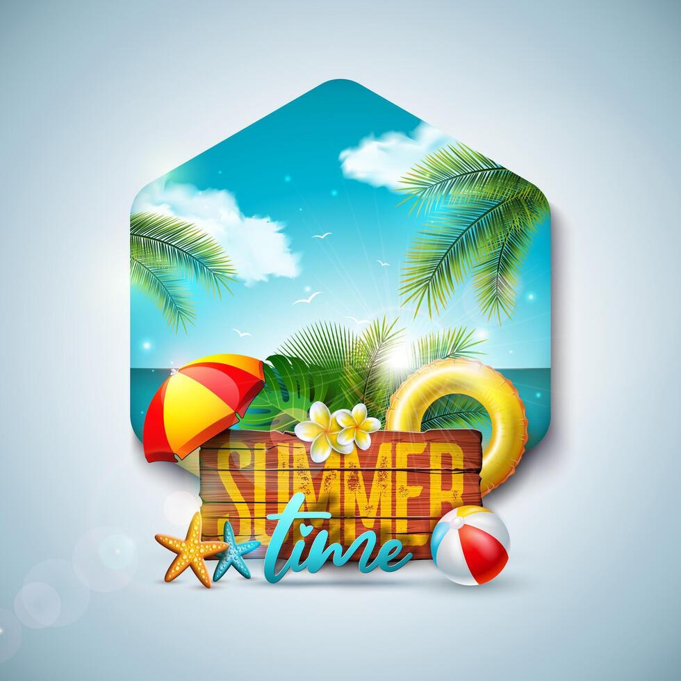 Summer Time Holiday Illustration with Vintage Wood Board and Beach Elements. Tropical Plants, Flower, Beach Ball, Sunshade and Swimbelt on Ocean Landscape Backgound. Design Template for Banner vector