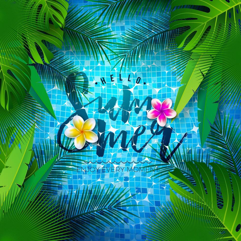 Summer Holiday Illustration with Water in the Tiled Pool Background and Flower. Hello Summer Design with Tropical Plants and Palm Leaves for Banner, Flyer, Invitation, Brochure, Poster or Greeting vector