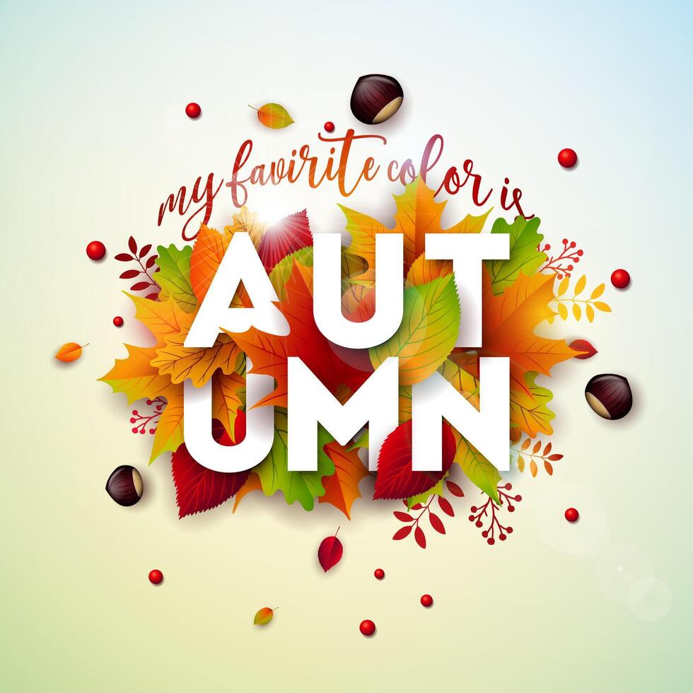 Autumn Illustration with Colorful Falling Leaves, Chestnut and Lettering on Light Background. Autumnal Design for Greeting Card, Banner, Flyer, Invitation, Brochure or Promotional Poster. vector