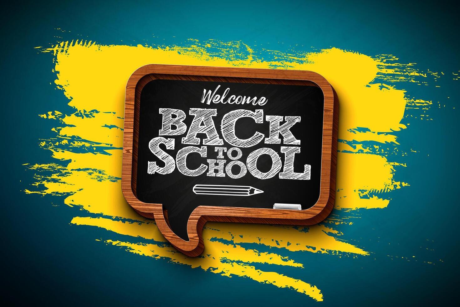 Back to School Design with Typography Letter and Chalkboard on Yellow Background. School Illustration with Hand Drawn Doodles for Greeting Card, Banner, Flyer, Invitation, Brochure or vector