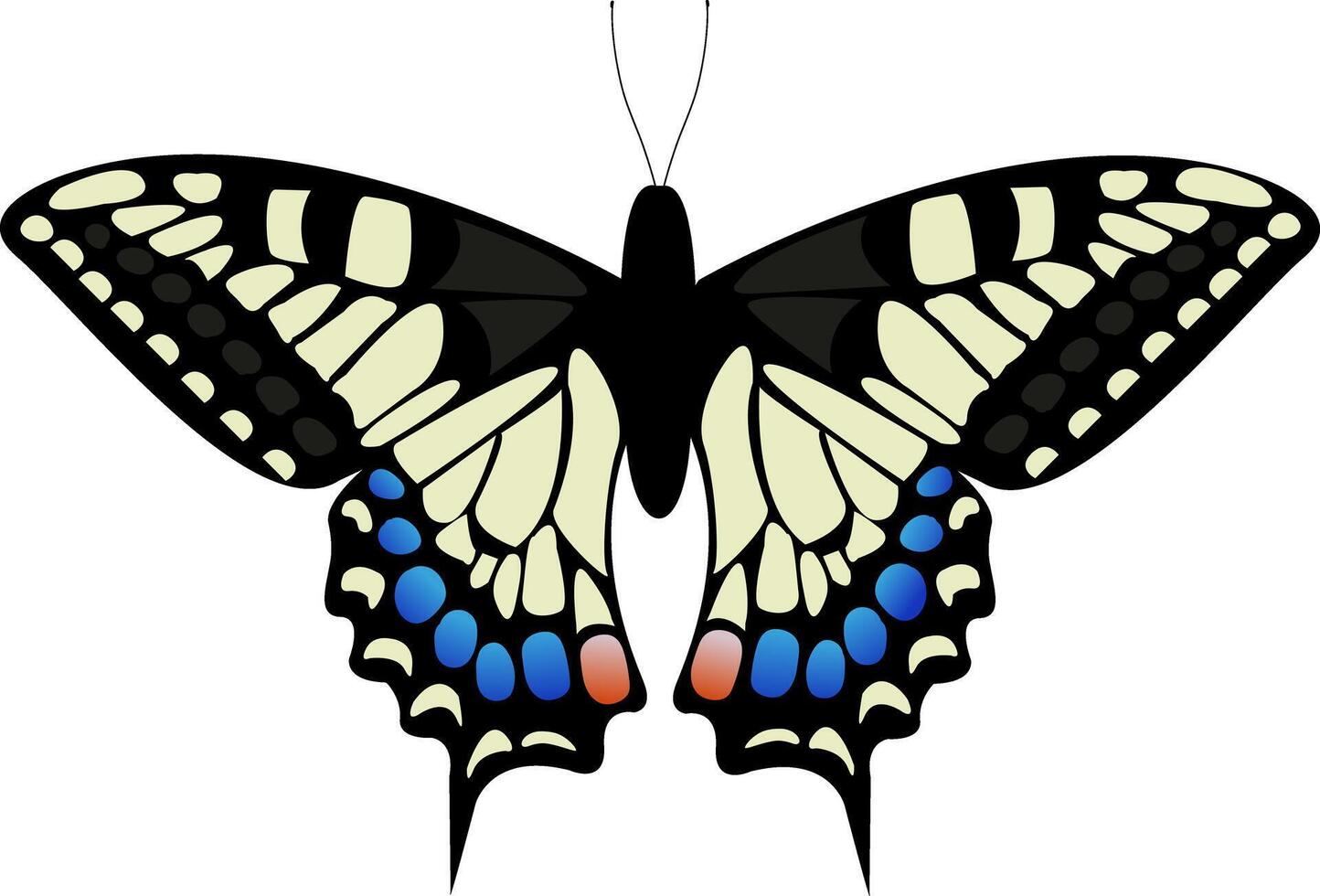 Black and White Butterfly with Blue Spots on White Background. Ethereal Butterfly Wings. Harmony Botanical Wallpaper. Majestic Winged Moth Silhouette Overlay Decor. illustration vector