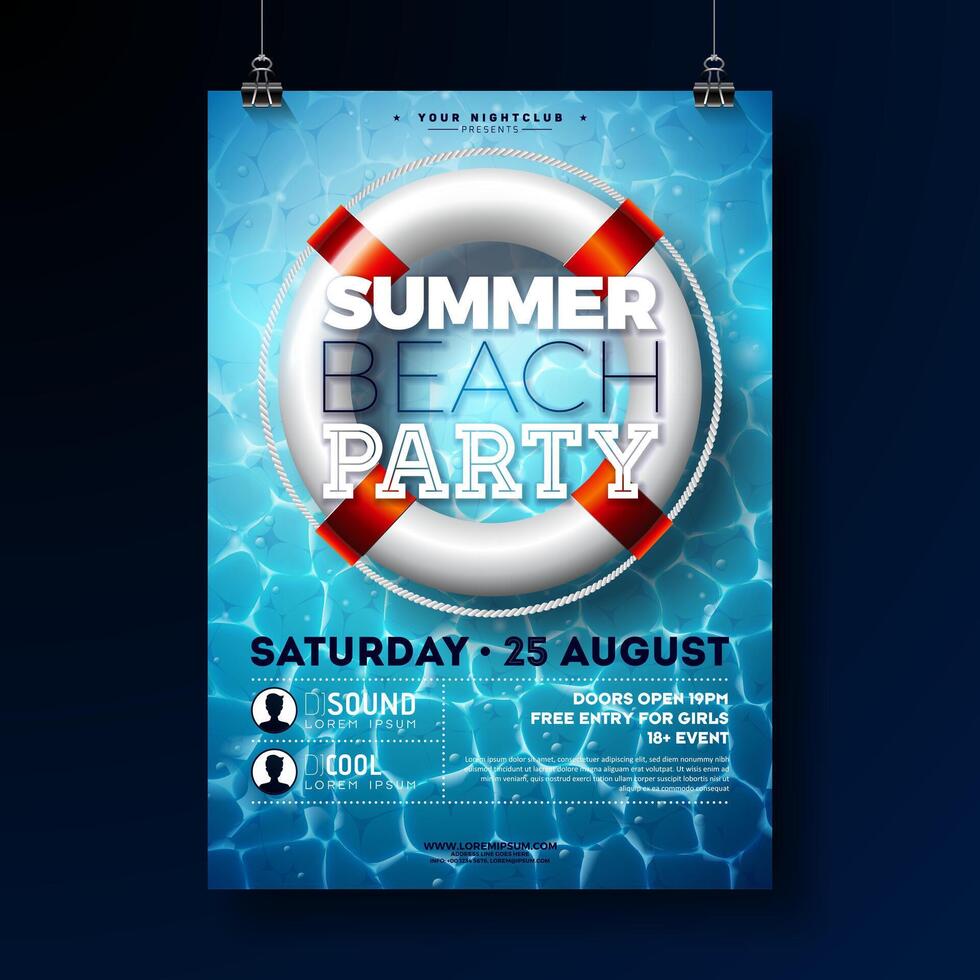 Summer Beach Party Poster Design Template with Lifebelt and Typography Lettering on Water in the Blue Sea Background. Summer Holiday Illustration with for Banner, Flyer, Invitation or vector