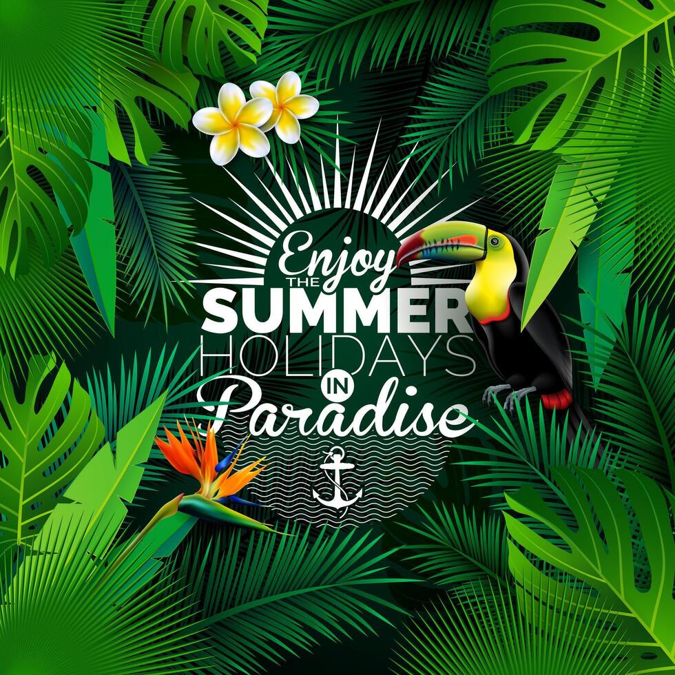 Tropical Summer Holiday Design with Toucan Bird and Parrot Flower on Exotic Palm Leaves Background. Typography Illustration for Banner, Flyer, Invitation, Brochure, Poster or Greeting Card. vector