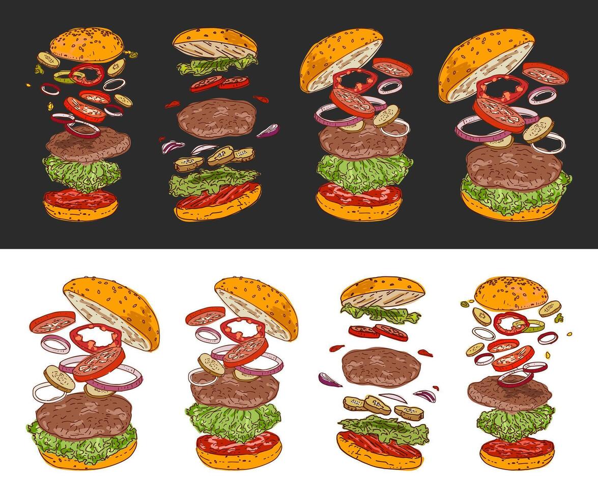 Hamburger. Hand drawn. Grilled gourmet hamburger. Fast food design elements. vector