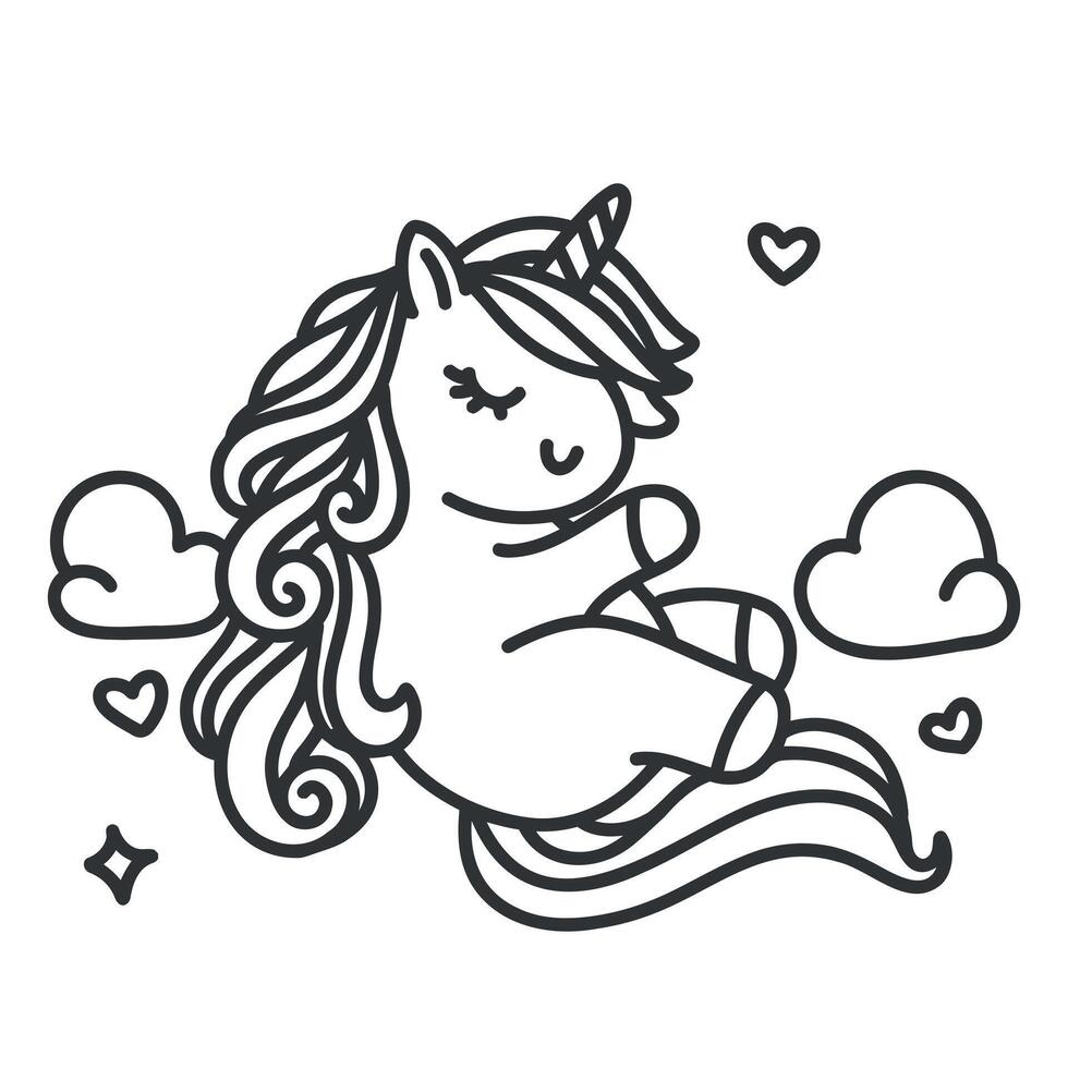 Hand drawn unicorn coloring book illustration, cute pony outline illustration vector