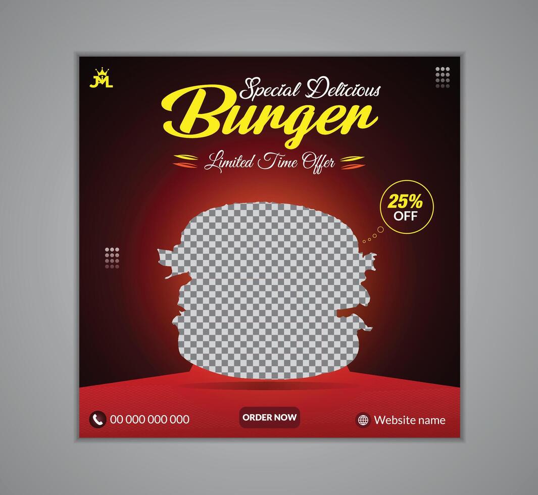 Delicious burger and french fries social media post template. vector