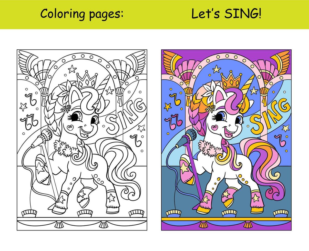 Singing unicorn with lettering coloring and template vector