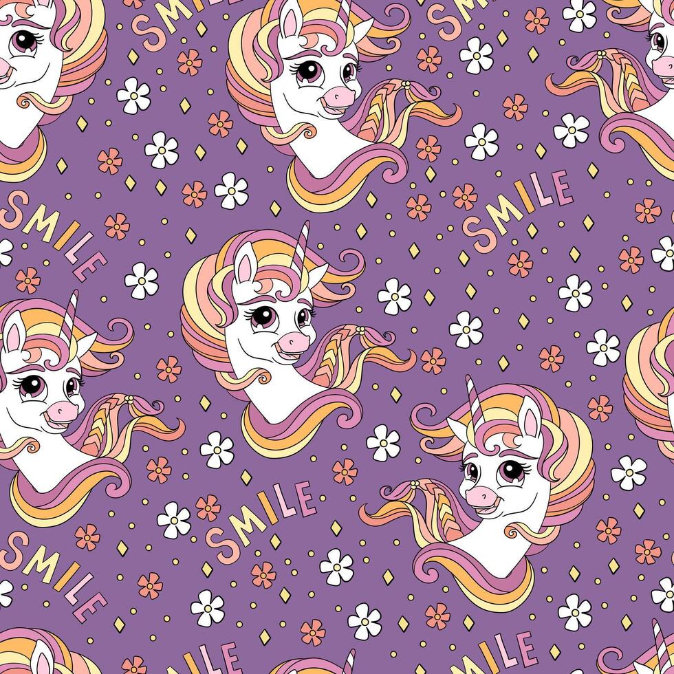 Seamless unicorns heads pattern on a purple background vector