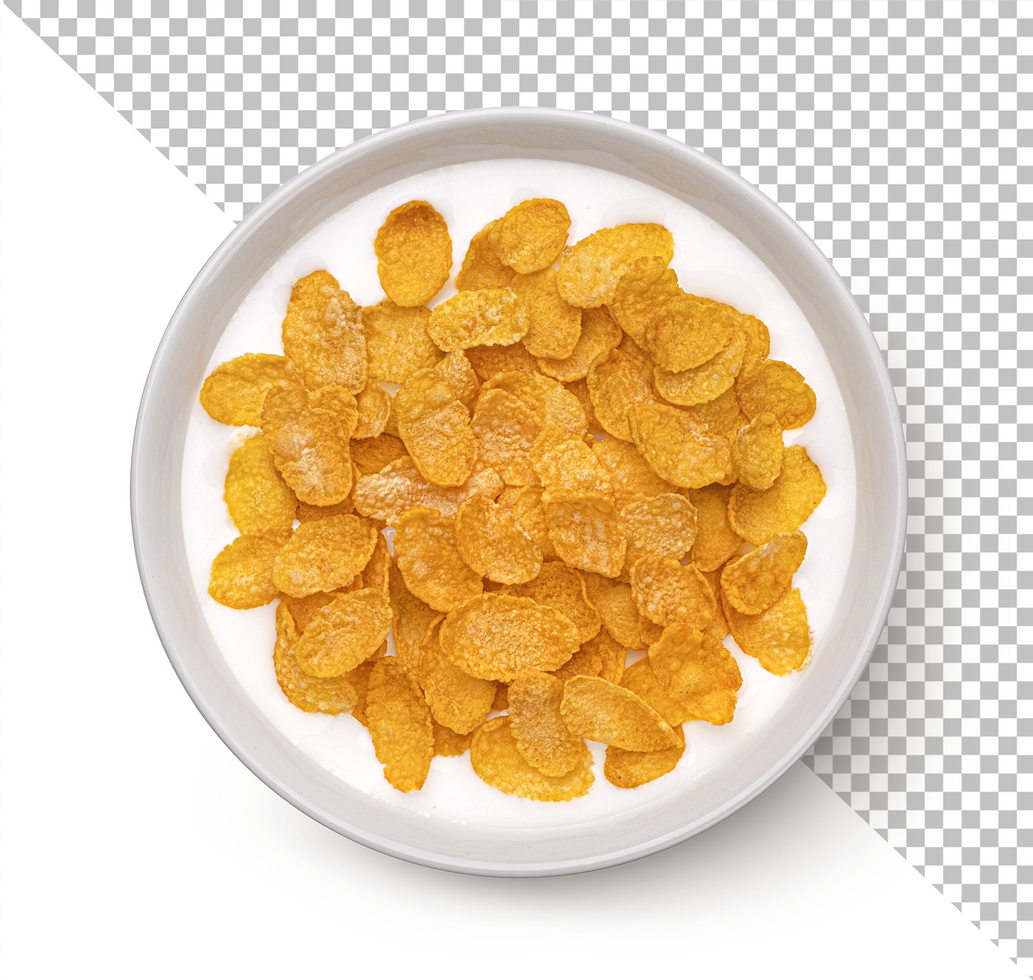 Corn flakes with milk isolated on white background, top view psd